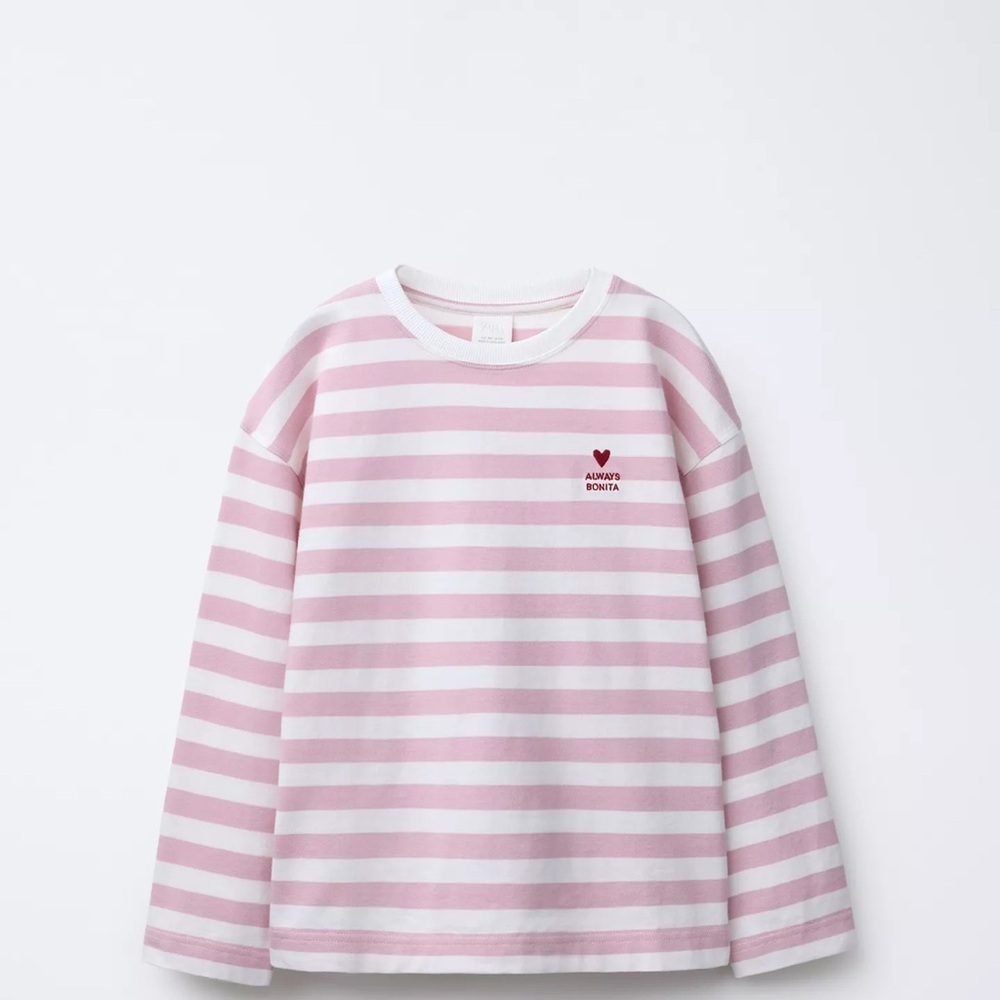 Zara Pink and White Striped Kids Shirt heart embroidered 11/12 heavy material - Picture 2 of 7